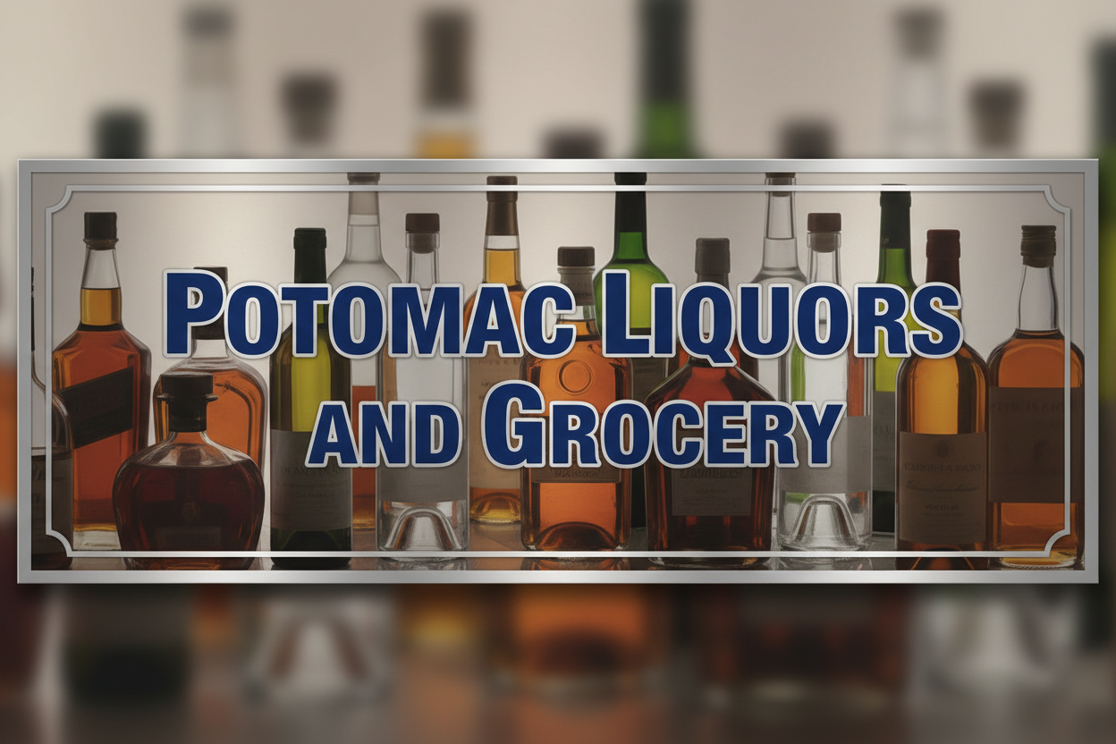 create image of ' Potomac Liquors and Grocery" with background of liquors bottle