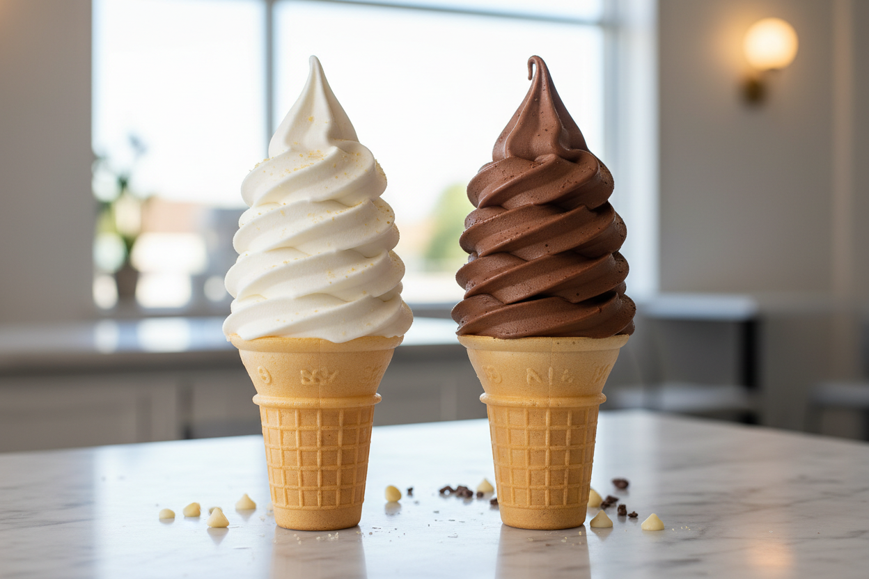 soft ice cream oicture which shows vanila and chocolate cones
